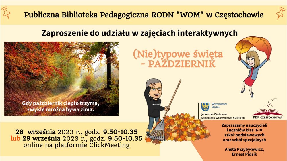 Z lewej strony zdjęcie jesiennego lasu. Obok pan zamiatający liście.