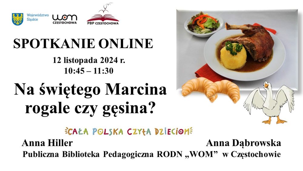 Na środku tytuł i termin spotkania. Po prawej stronie talerz z kawałkiem pieczonego mięsa.