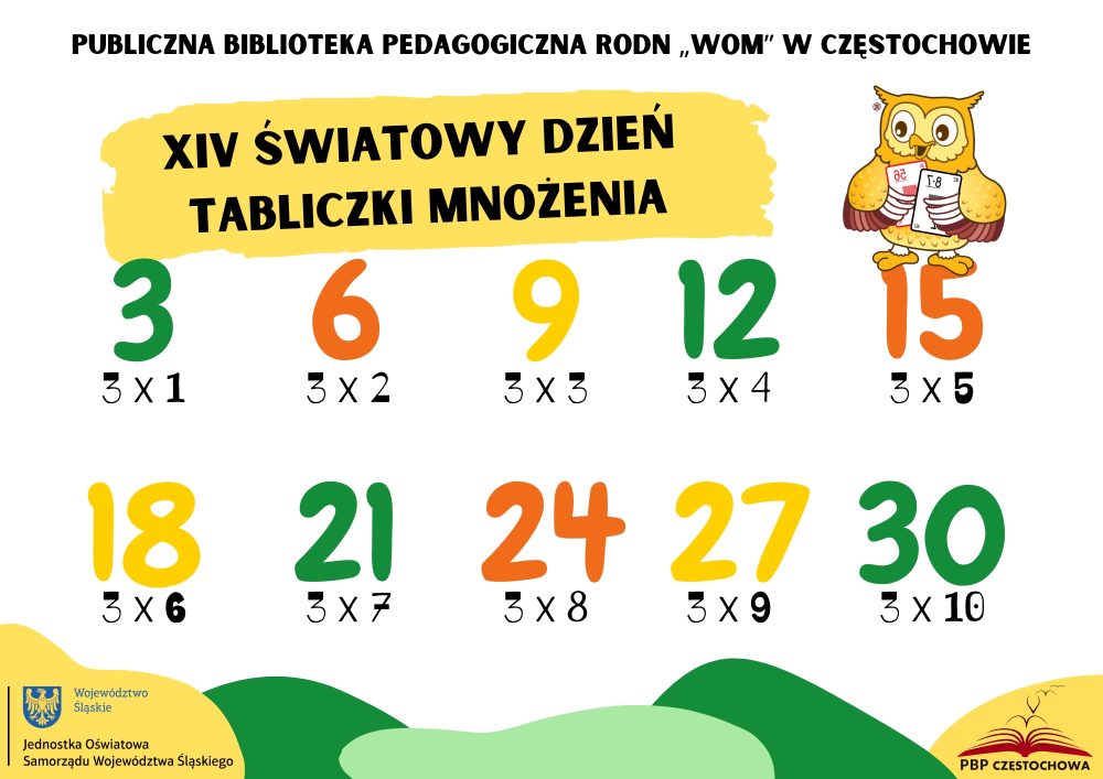 Na prezentacji znajdują się fragmenty tabliczki mnożenia z logiem sowy