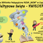 Z książki wychodzi trąba powietrzna, w niej: piłka do koszykówki i tenisa ziemnego, pisanka, kostka Rubika, zebra i zając wielkanocny. Na grafice – awatary prowadzących, gołąb oraz słoń.