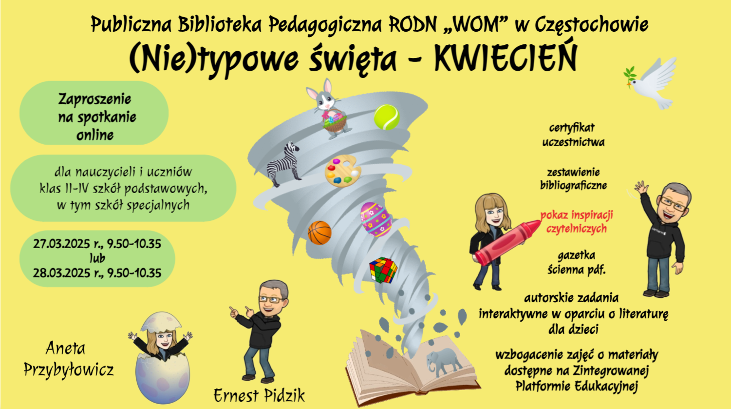 Z książki wychodzi trąba powietrzna, w niej: piłka do koszykówki i tenisa ziemnego, pisanka, kostka Rubika, zebra i zając wielkanocny. Na grafice – awatary prowadzących, gołąb oraz słoń.