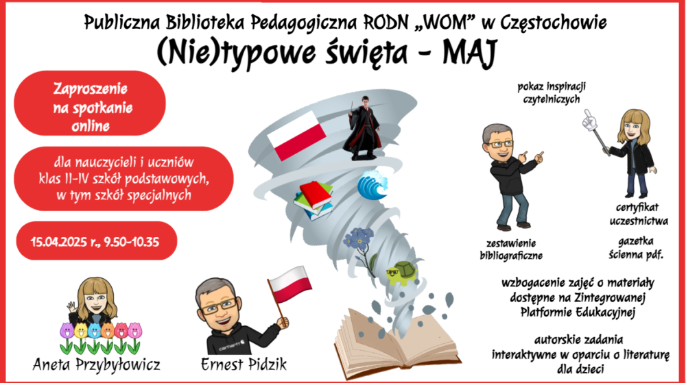 Z książki wychodzi trąba powietrzna, w niej: flaga Polski, Harry Potter, fala oceanu, niezapominajki, żółw i książki. Na grafice – awatary prowadzących.