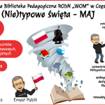 Z książki wychodzi trąba powietrzna, w niej: flaga Polski, Harry Potter, fala oceanu, niezapominajki, żółw i książki. Na grafice – awatary prowadzących.