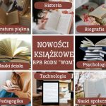 Kwadrat podzielony na dziewięć części: w środku napis nowości książkowe. Pozostałe: literatura piękna, biografie, historia, technologie, psychologia, nauki społeczne, pedagogika, nauki ścisłe. Grafiki książek i tabletu.