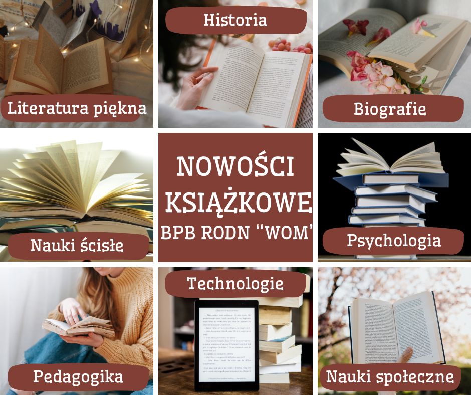 Kwadrat podzielony na dziewięć części: w środku napis nowości książkowe. Pozostałe: literatura piękna, biografie, historia, technologie, psychologia, nauki społeczne, pedagogika, nauki ścisłe. Grafiki książek i tabletu.