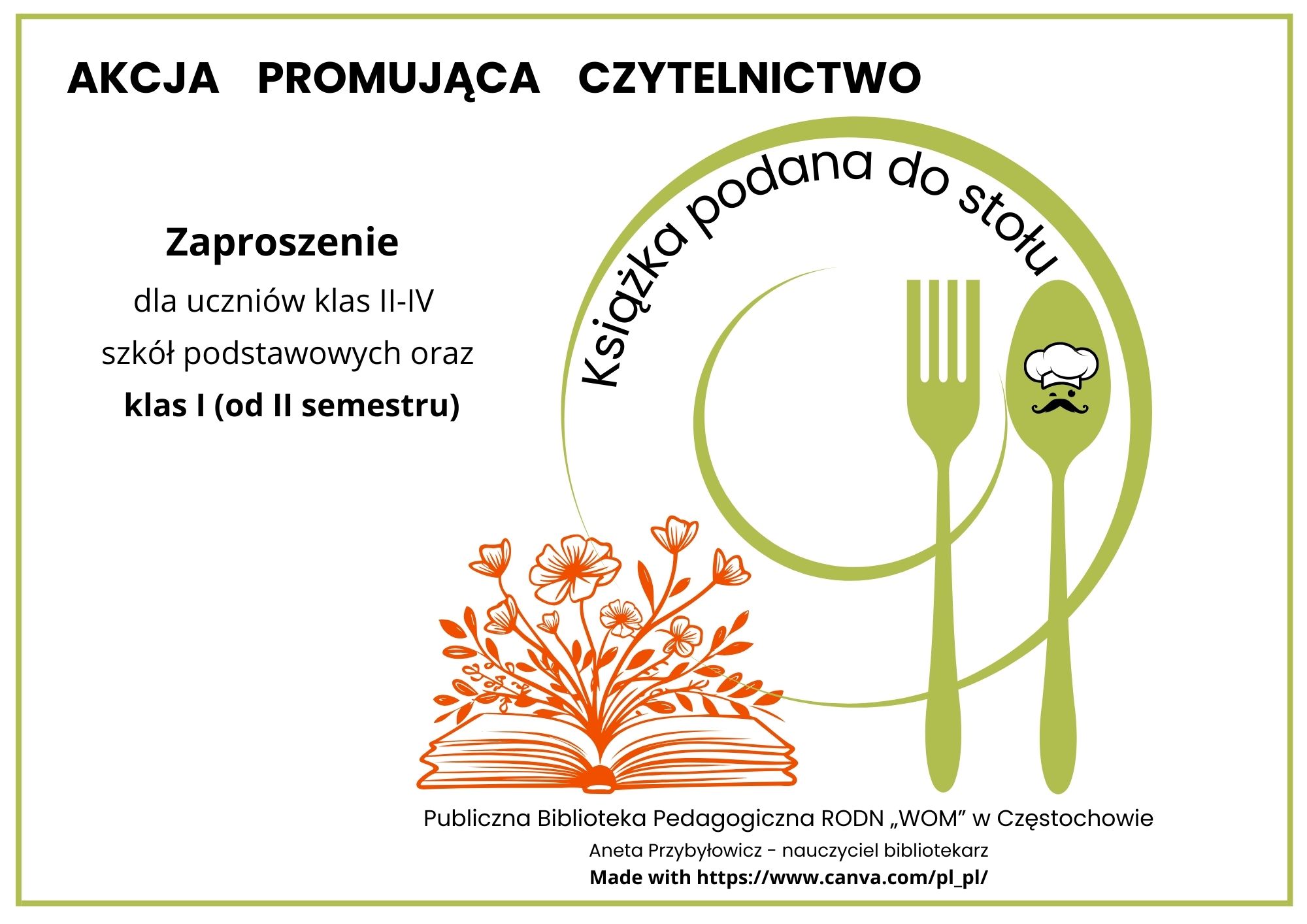 Na grafice znajduje się talerz z widelcem i łyżką. W łyżce znajduje się zarys kucharza w czapce. Obok talerza leży otwarta książka, z której wyrastają kwiaty.