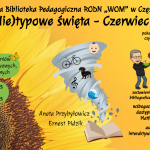 Z książki wychodzi trąba powietrzna, w niej: rower, dziecko, pies (jamnik), klucz wiolinowy i fala. Na grafice – awatary prowadzących, tulipany i słoneczniki.