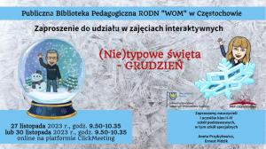 Dwa awatary prowadzących, płatki śniegu, kula śnieżna z bałwanem i trzema choinkami w środku