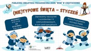 Dwa awatary prowadzących, płatek śniegu, narty, sześcioro dzieci na lodowych kałużach, dwoje z nich ma łyżwy