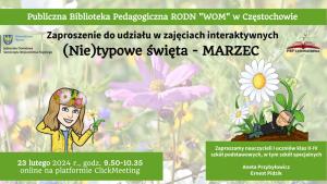 Dwa awatary prowadzących, łąka pełna kwiatów, gąsienica na łodydze biało-żółtego kwiatka