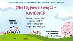 Migdałek trójklapowy po prawej stronie, obraz łąki z kwiatami, stojący rower i chmury