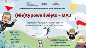 Dwa awatary prowadzących, niezapominajki, serce w patriotycznych barwach, słońce, bocian, sowa z książkami, mleko, polska flaga, chmury i łąka