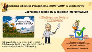Dwa awatary prowadzących, dwa motyle, książki, wskaźnik i ołówek, kwiatowa łąka, a nad nią chmury